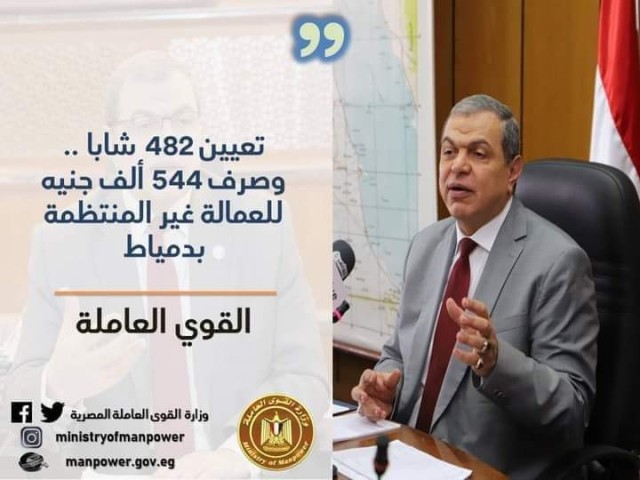 القوى العاملة :تعيين 482 شابا وصرف 544 ألف جنيه للعمالة غير المنتظمة بدمياط