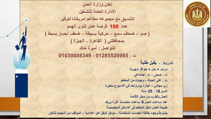 لدعم ذوي الهمم .. القوى العاملة تعلن عن 100 فرصة عمل بمجموعة مطاعم بالقاهرة والجيزة