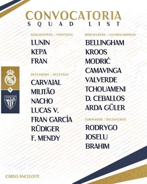 قائمة ريال مدريد المُستدعاه لمبُاراة أتليتك بيلباو غداً