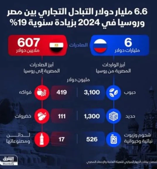 إنفوغراف: التبادل التجاري بين مصر وروسيا يرتفع 19% خلال 2024