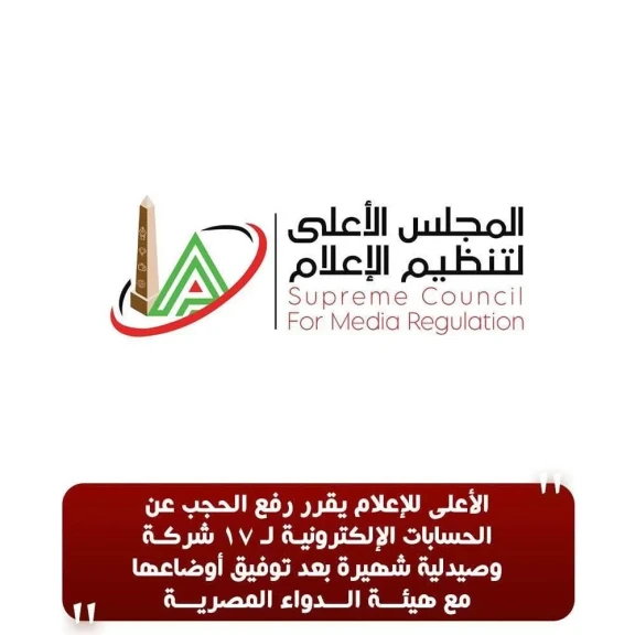 الأعلى للإعلام يقرر رفع الحجب عن الحسابات الإلكترونية لـ 17 شركة وصيدلية شهيرة