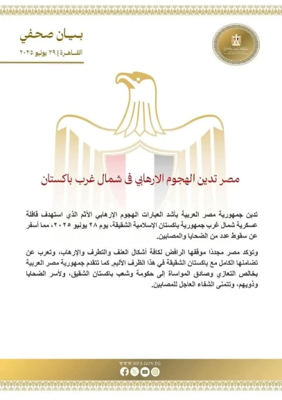مصر تدين الهجوم الإرهابي في شمال غرب باكستان
