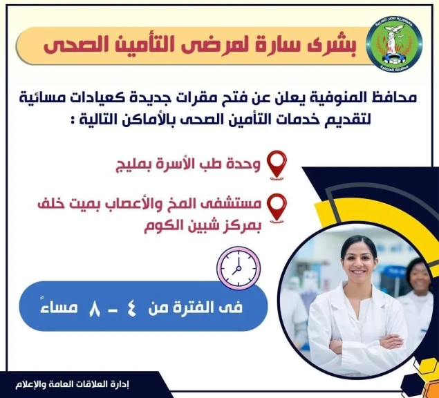 محافظ المنوفية يعلن فتح مقرات جديدة كعيادات مسائية للتأمين الصحي بوحدة طب أسرة مليج
