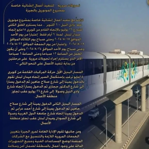 الداخلية:مواجهة أى كثافات مرورية متوقعة وتسيير حركة المرور لتنفيذ أعمال إنشائية خاصة بمشروع مونوريل