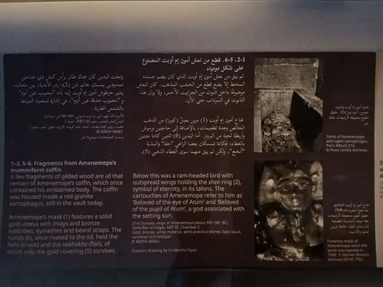 لوحة تعريفية بالمتحف المصري بالتحرير عن اكتشاف كنوز الملك آمون إم أوبت الذي يفتح نافذة على أسرار تانيس
