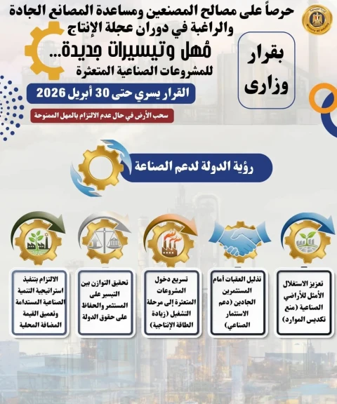وزير الصناعة والنقل يعلن حزمة مهل وتيسيرات جديدة للمشروعات الصناعية المتعثرة