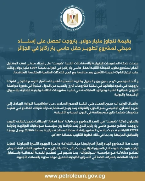 بتروجت تحصل على إسناد مبدئي لمشروع تطوير حقل حاسي بئر ركايز في الجزائر