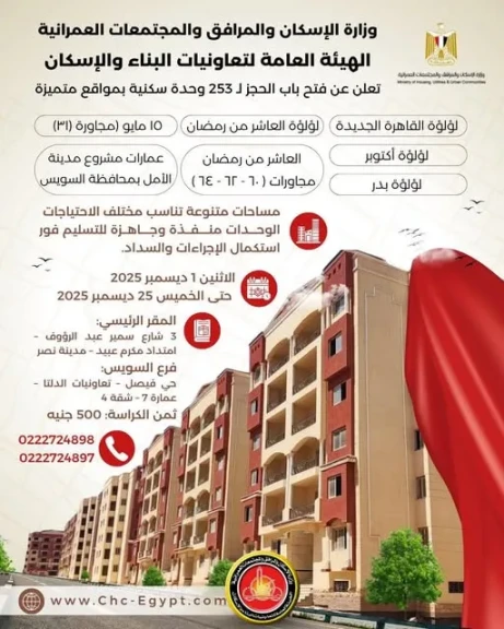 هيئة تعاونيات البناء والإسكان تعلن فتح باب الحجز لـ ٢٥٣ وحدة سكنية... هيئة تعاونيات البناء والإسكان تعلن فتح باب الحجز لـ ٢٥٣ وحدة سكنية بمواقع متميزة