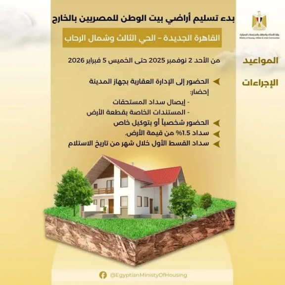 وزير الإسكان يعلن.بدء تسليم أراضي بيت الوطن للمصريين الخارج بالحي الثالث وشمال الرحاب بالقاهرة الجديدةة