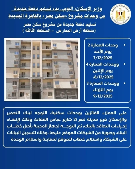 وزير الإسكان يعلن بدء تسليم دفعة جديدة من وحدات مشروع «سكن مصر» بالقاهرة الجديدة