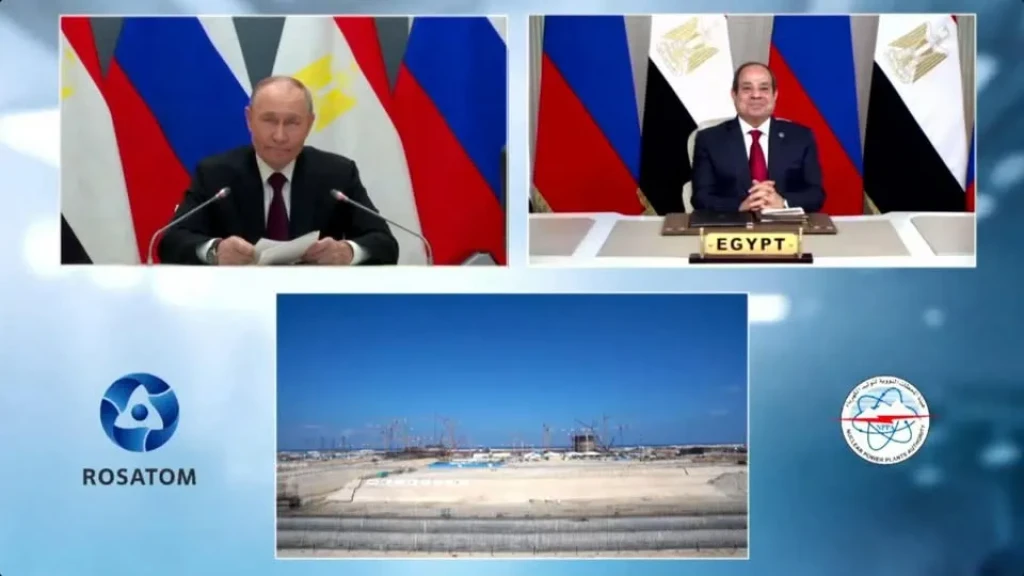 الرئيس عبد الفتاح السيسي يشارك الرئيس فلاديمير بوتين مراسم تركيب وعاء ضغط المفاعل للوحدة النووية الأولى بمحطة الضبعة النووية