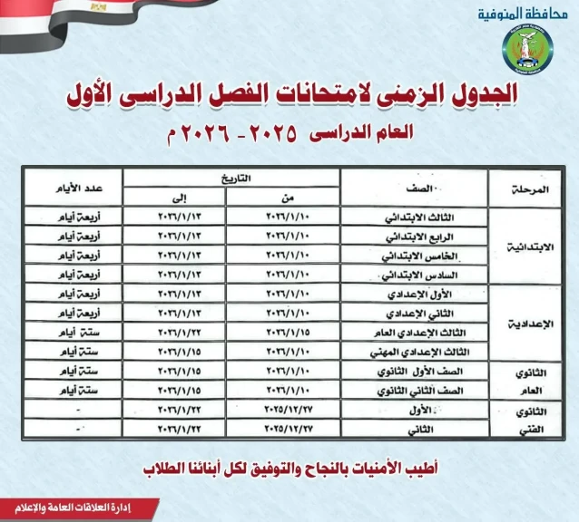 محافظ المنوفية يعتمد الجدول الزمني لامتحانات الفصل الدراسي الأول ” دور يناير ”  2026