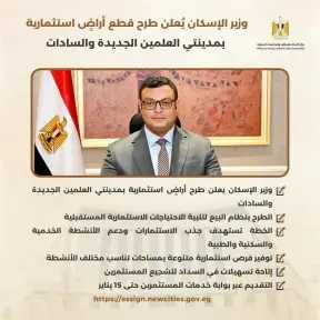 وزير الإسكان يُعلن طرح قطع أراضٍ استثمارية بمدينتي العلمين الجديدة والسادات