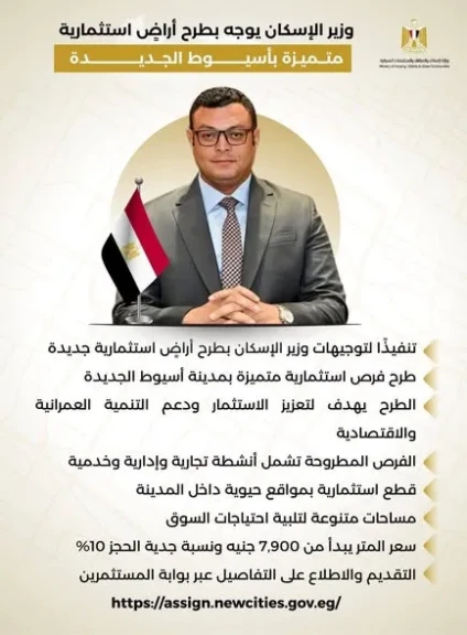 الاسكان : طرح أراضٍ استثمارية جديدة بمواقع متميزة بمدينة أسيوط الجديدة