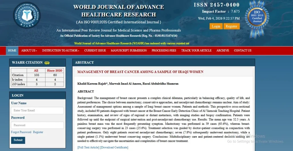 أستاذ في كلية طب المستنصرية ببغداد ينشر بحث علمي مشترك في مجلة عالمية رصينة حول إدارة سرطان الثدي