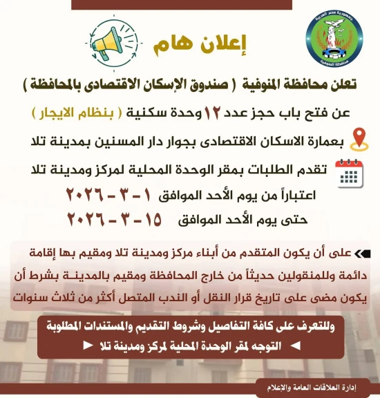 محافظ المنوفية يعلن فتح باب الحجر لـ 12 وحدة سكنية  بنظام الإيجار