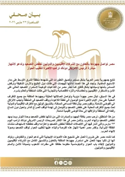 مصر تواصل جهودها بالتعاون مع الشركاء الإقليميين والدوليين لخفض التصعيد وتدعو لانتهاز مبادرة الرئيس الأمريكي دونالد ترامب الأخيرة لتغليب الحوار