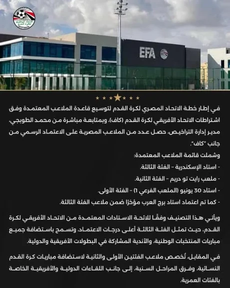 كاف يعتمد 4 ملاعب مصرية بتصنيفات مختلفة