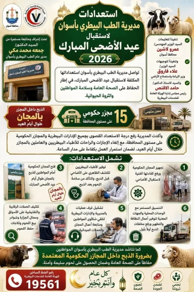 محافظ أسوان: إستعدادات مكثفة بمديرية الطب البيطرى لإستقبال عيد الأضحى المبارك