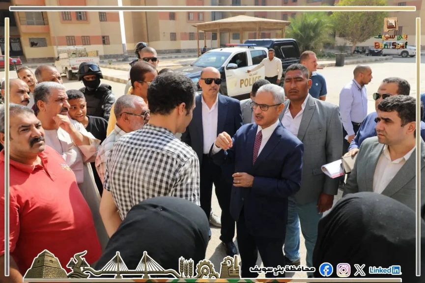 محافظ بني سويف يعاين ميدانيًا بعض المشكلات بعدد من الوحدات السكنية بلإسكان الاجتماعي