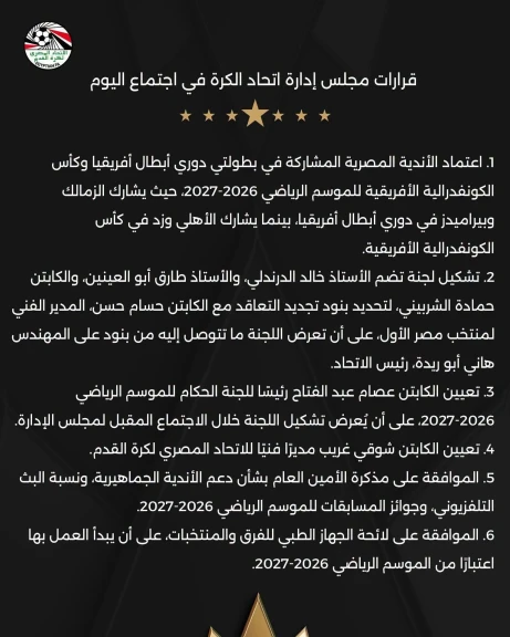 الإتحاد المصري لكرة القدم يعتمد أندية البطولات الأفريقية