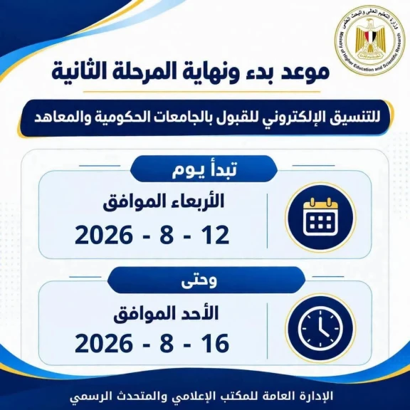 التعليم العالي: غدًا بدء تسجيل رغبات المرحلة الثانية للتنسيق الإلكتروني للقبول بالجامعات الحكومية والمعاهد لمدة 5 أيام