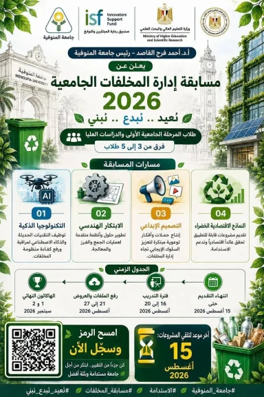 جامعة المنوفية تدعو طلابها للمشاركة في مسابقة إدارة المخلفات الجامعية 2026