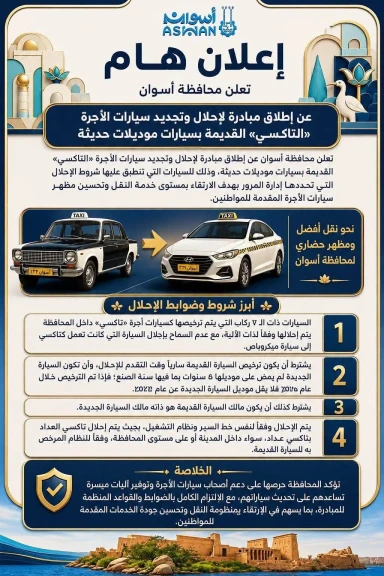 محافظ أسوان يعلن إطلاق مبادرة لإحلال وتجديد سيارات التاكسى القديمة بسيارات حديثة