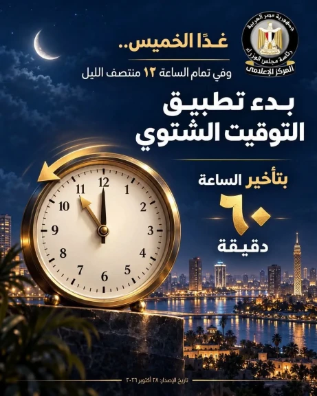 المركز الإعلامي لمجلس الوزراء: بدء تطبيق التوقيت الشتوي في مصر منتصف ليل غدٍ الخميس وتأخير الساعة 60 دقيقة